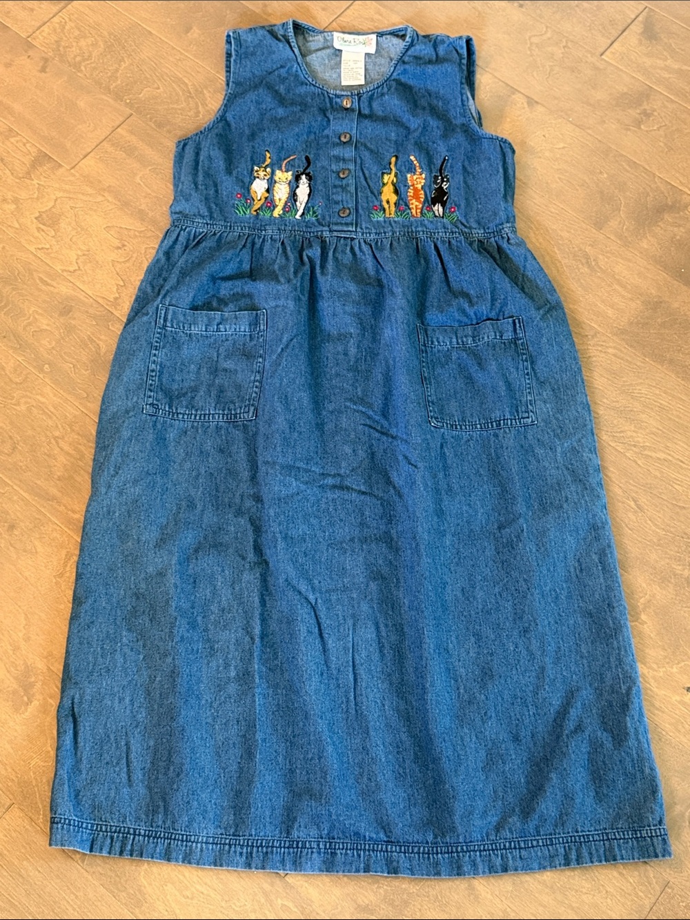 Vintage Olivia Rose Denim Sleeveless Dress with Embroidered Cats